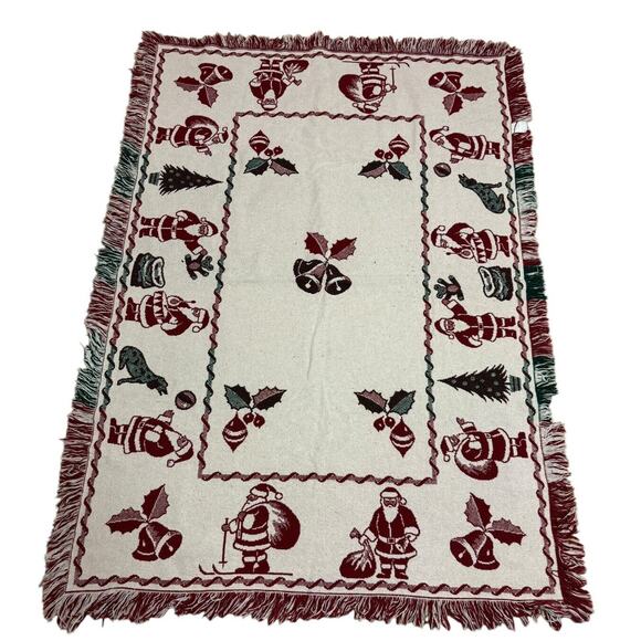 VTG Christmas Holiday Woven Fringed Throw Blanket Trees Santa Bells Cotton - Picture 2 of 6